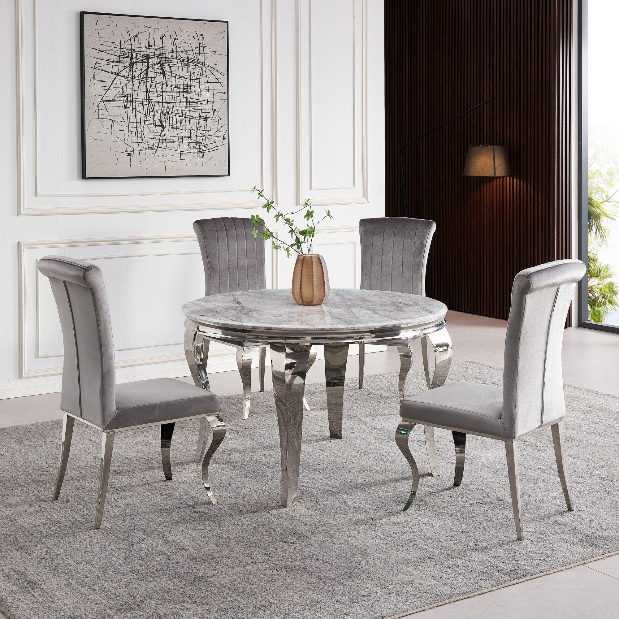 Merida Grey Marble Effect and Chrome Round Dining Table 120cm