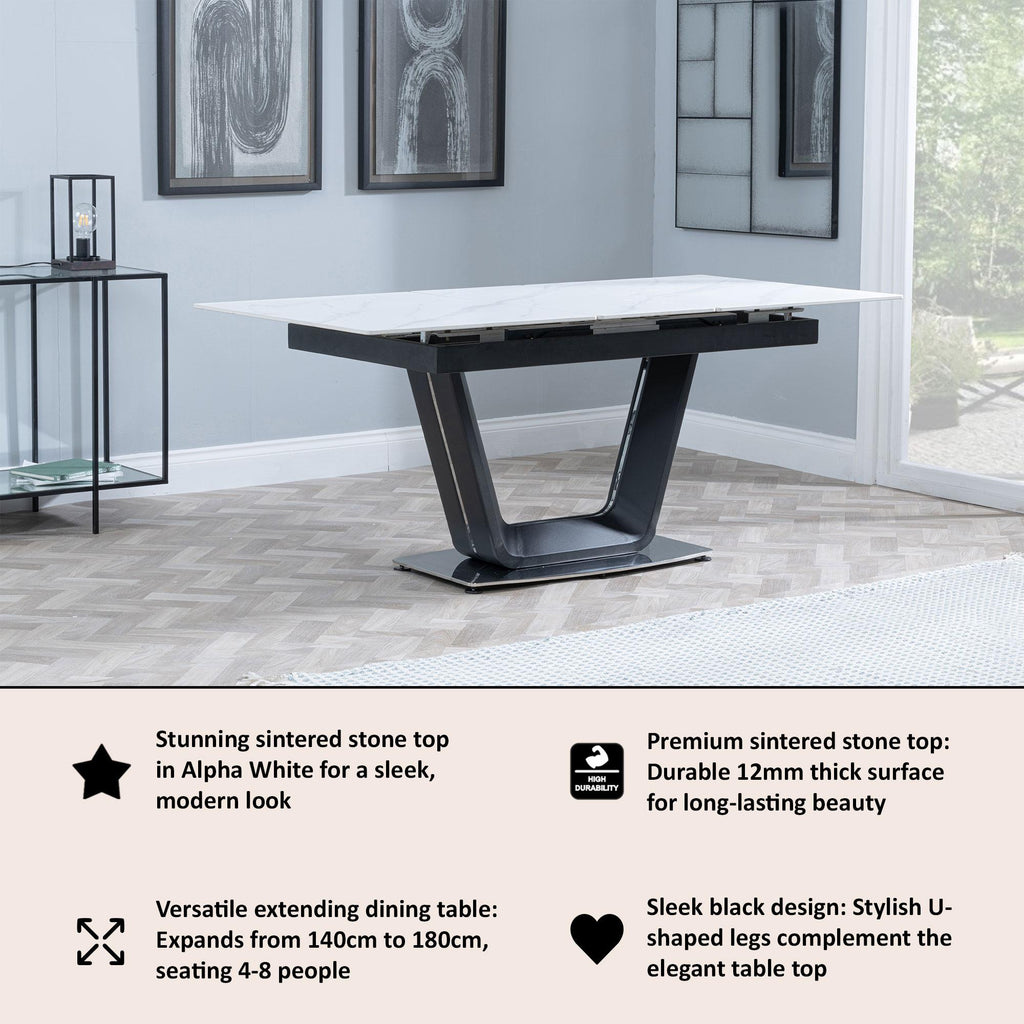 Delta White Sintered Stone Extending Dining Table 140cm-180cm