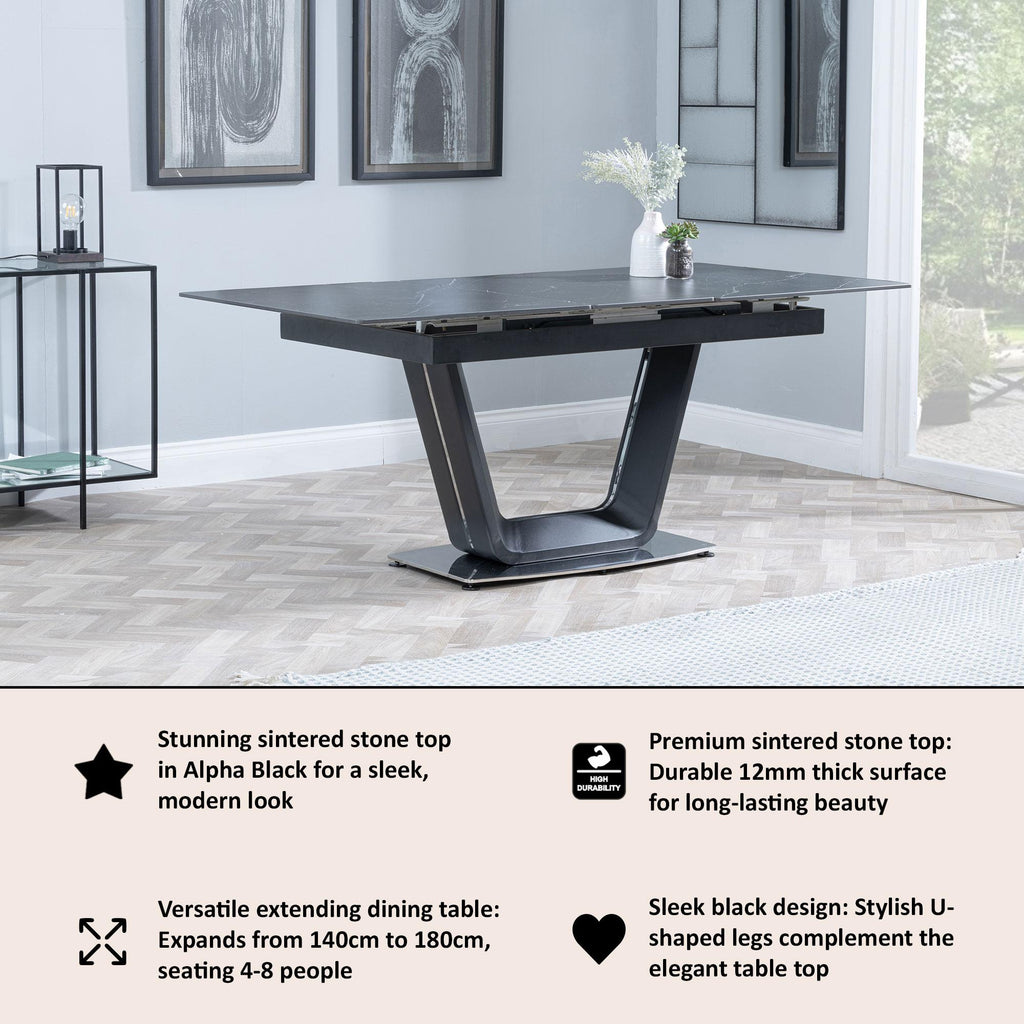 Delta Black Sintered Stone Extending Dining Table 140cm-180cm