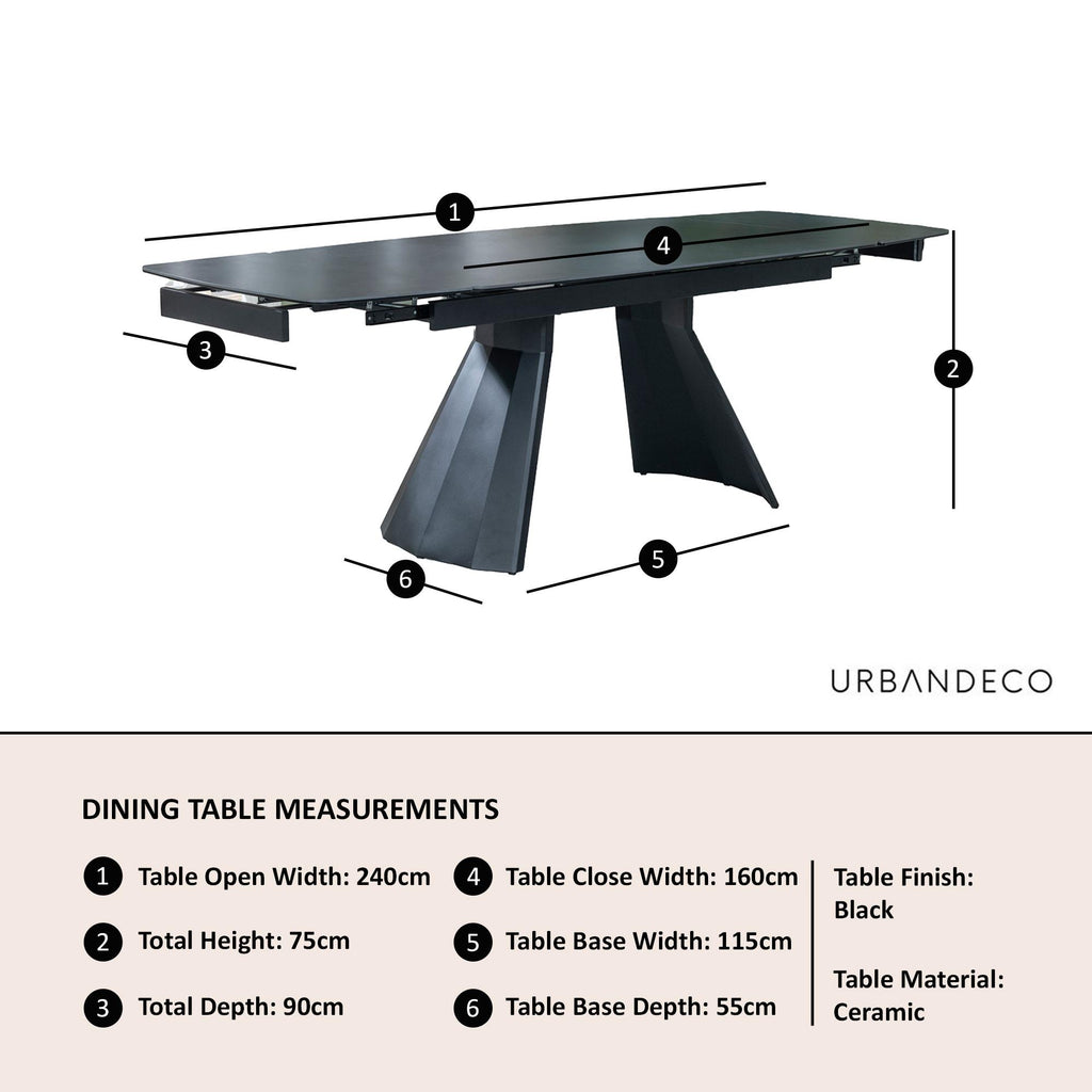 Luna Black Ceramic Extending Dining Table 160cm-240cm