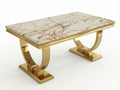 Arianna White Engineered Marble Coffee Table with twin gold U-shaped pedestal base