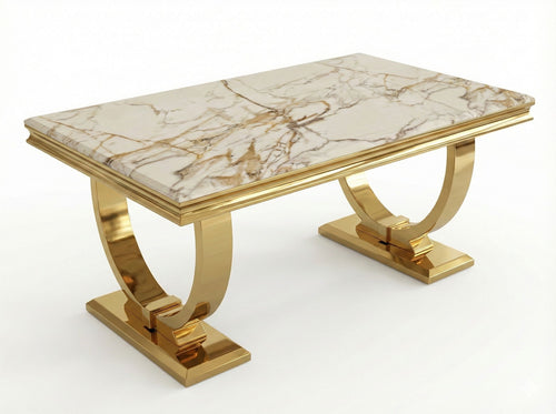 Arianna White Engineered Marble Coffee Table with twin gold U-shaped pedestal base