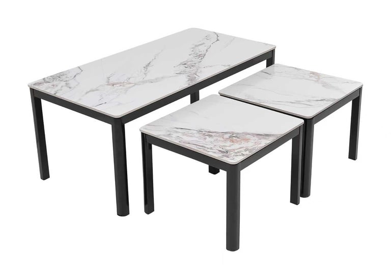 Trio White Sintered Stone Nest of Tables with black metal frame