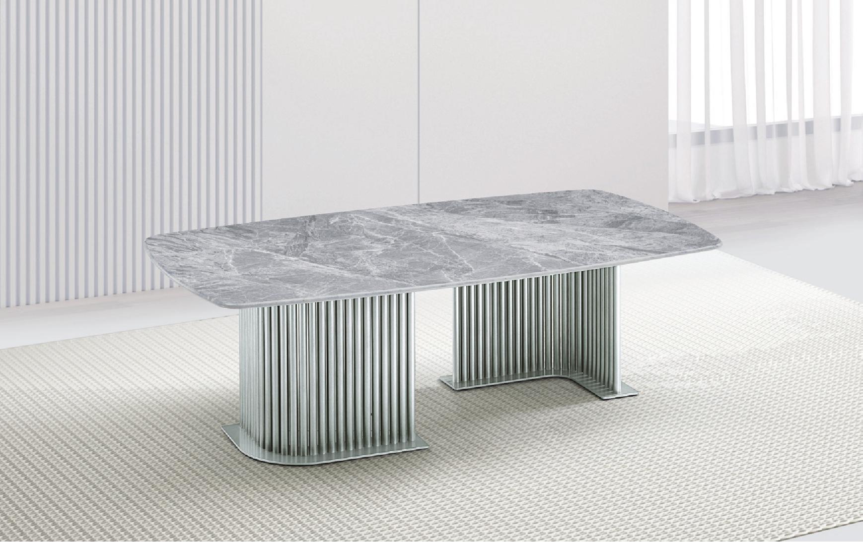 Flute Silver Sintered Stone Coffee Table with twin fluted chrome pedestal base