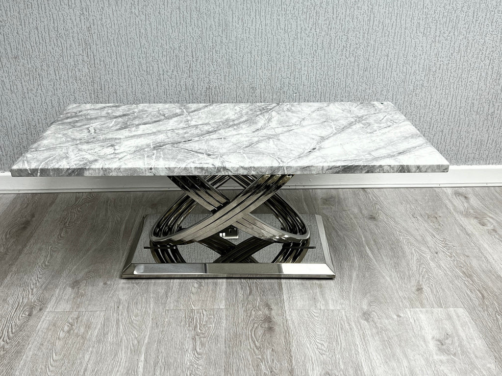 Elina Grey Ceramic Marble-Effect Coffee Table with chrome X-twist pedestal base - front view