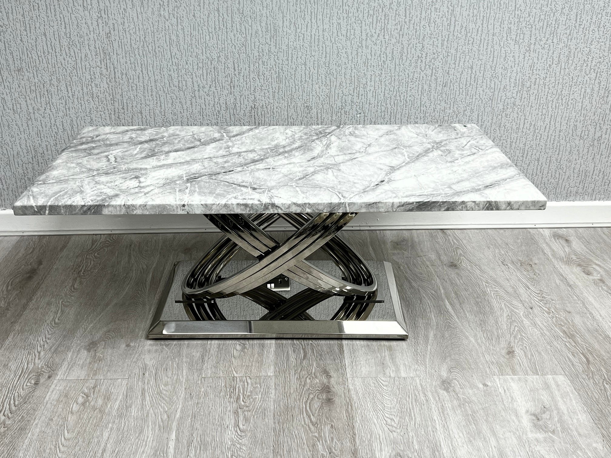 Elina Grey Ceramic Marble-Effect Coffee Table with chrome X-twist pedestal base - front view