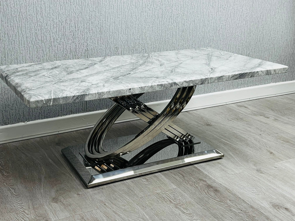 Elina Grey Ceramic Marble-Effect Coffee Table with chrome X-twist pedestal base - angled view