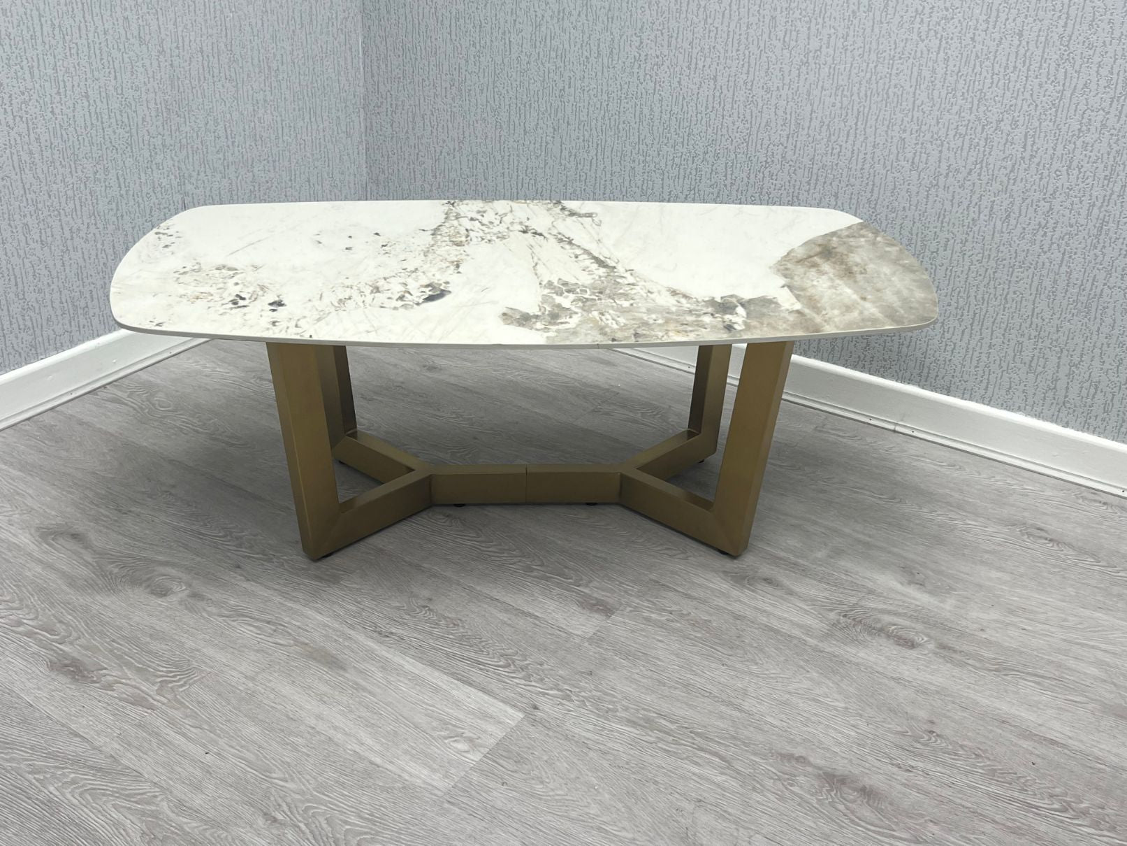 Sorrento Cream Ceramic Marble-Effect Coffee Table with brushed gold star-frame base - front view