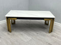 Sorrento Cream Ceramic Marble-Effect Rectangular Coffee Table with gold multi-bar legs - front view