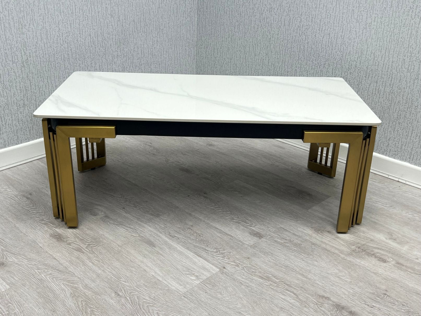 Sorrento Cream Ceramic Marble-Effect Rectangular Coffee Table with gold multi-bar legs - front view