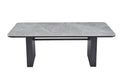 Engelberg Grey Sintered Stone Marble-Effect Coffee Table with black ribbed trestle legs - front view