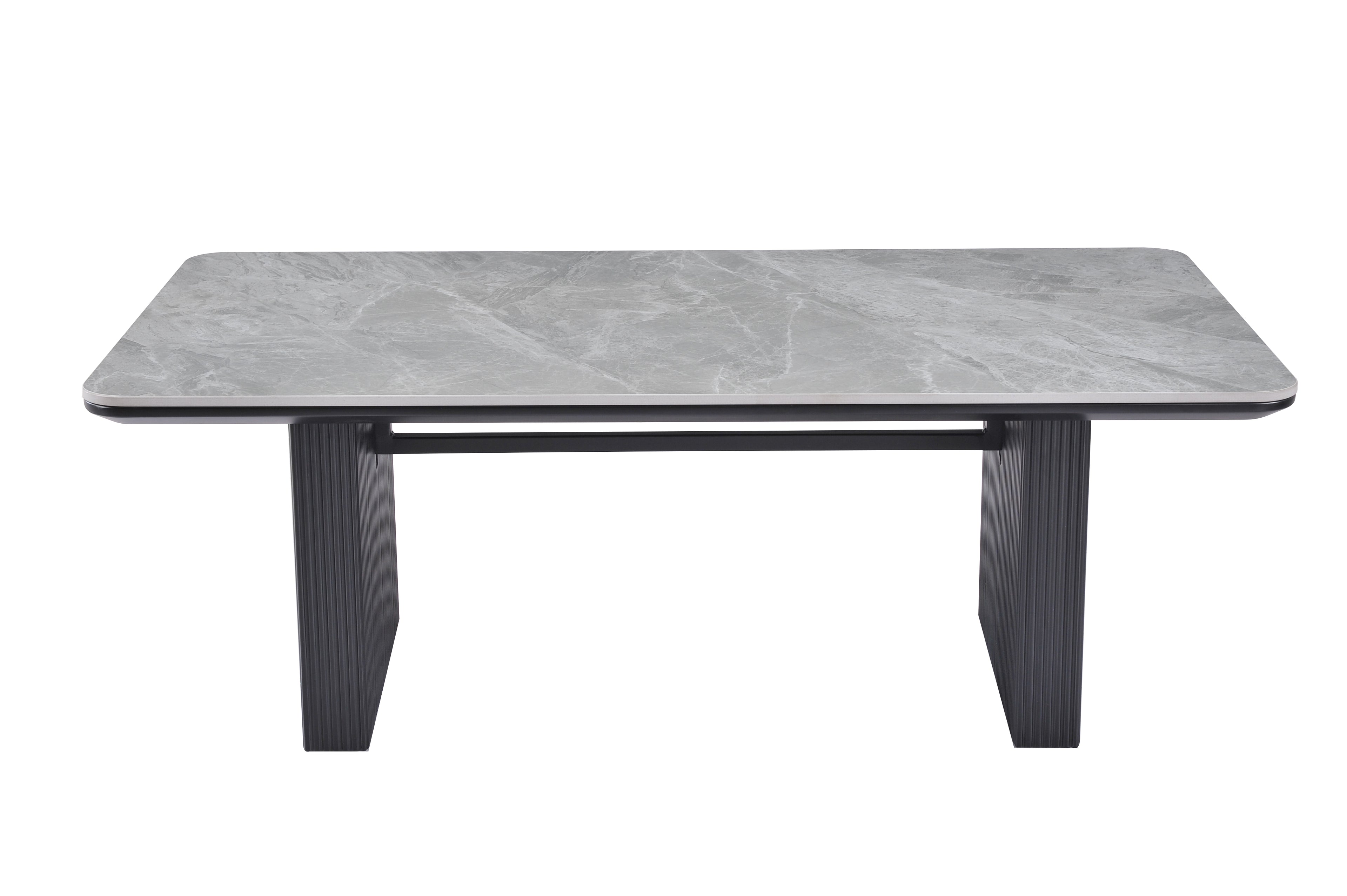 Engelberg Grey Sintered Stone Marble-Effect Coffee Table with black ribbed trestle legs - front view