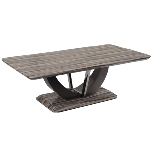 Atlantis Grey Marble-Effect Coffee Table with black U-shaped pedestal base - angled view