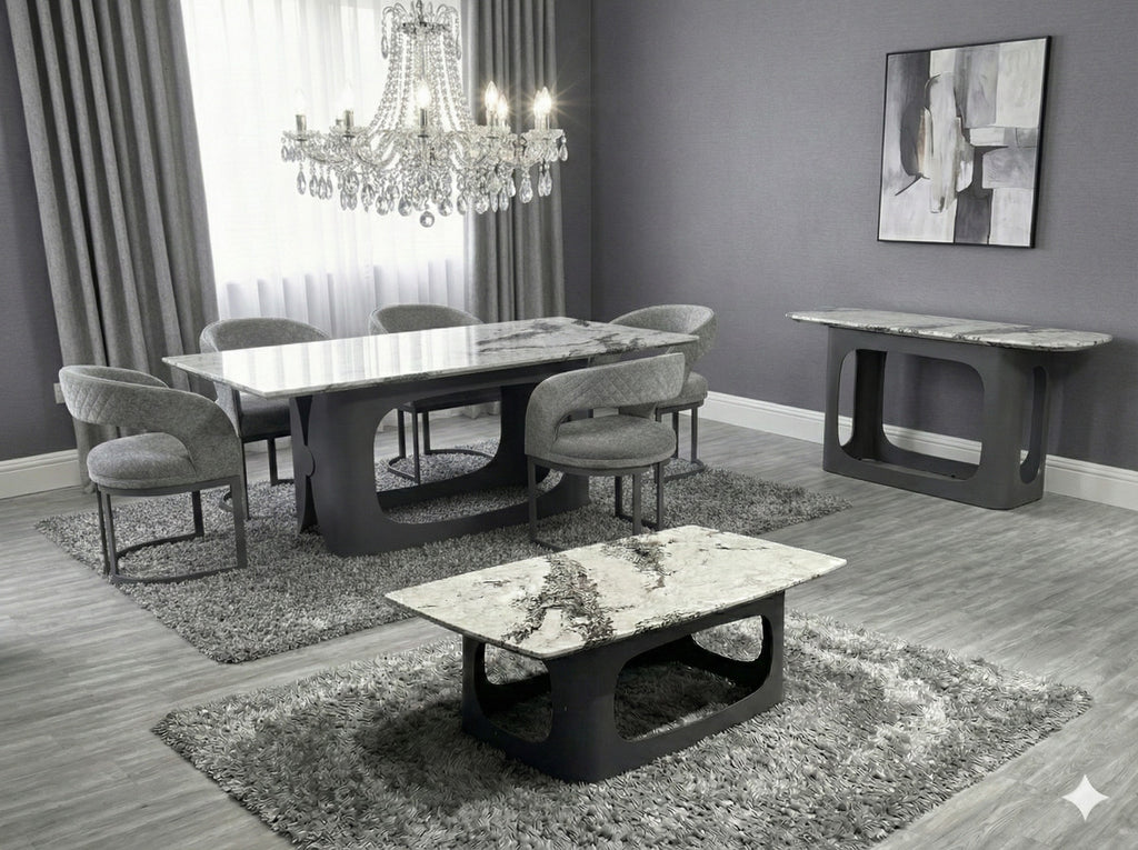 Lina Grey Ceramic Marble-Effect Coffee Table with grey metal double-arch pedestal base - lifestyle view