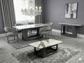 Lina Grey Ceramic Marble-Effect Coffee Table with grey metal double-arch pedestal base - lifestyle view