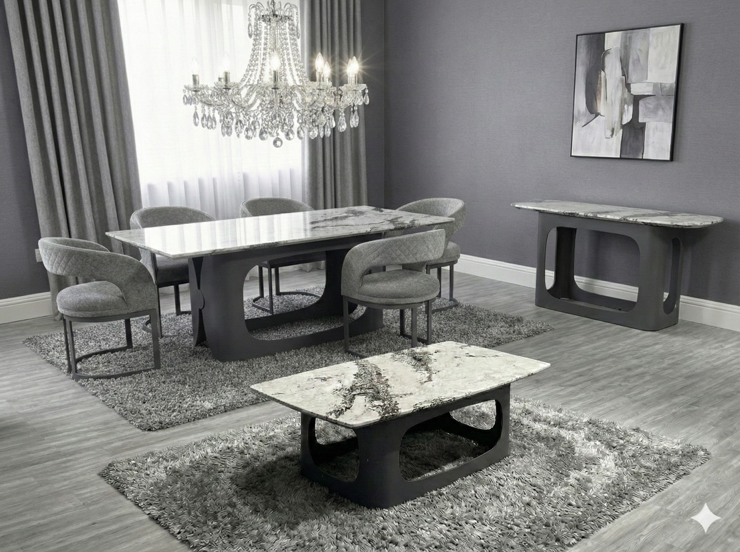 Lina Grey Ceramic Marble-Effect Coffee Table with grey metal double-arch pedestal base - lifestyle view