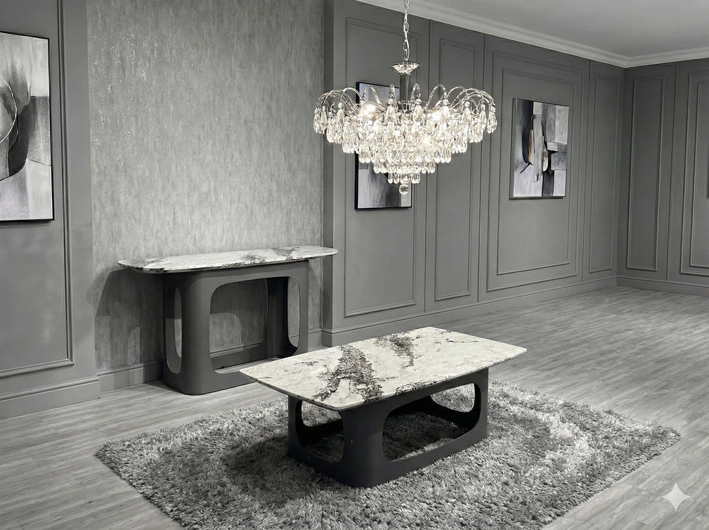 Lina Grey Ceramic Marble-Effect Coffee Table with grey metal double-arch pedestal base - room setting