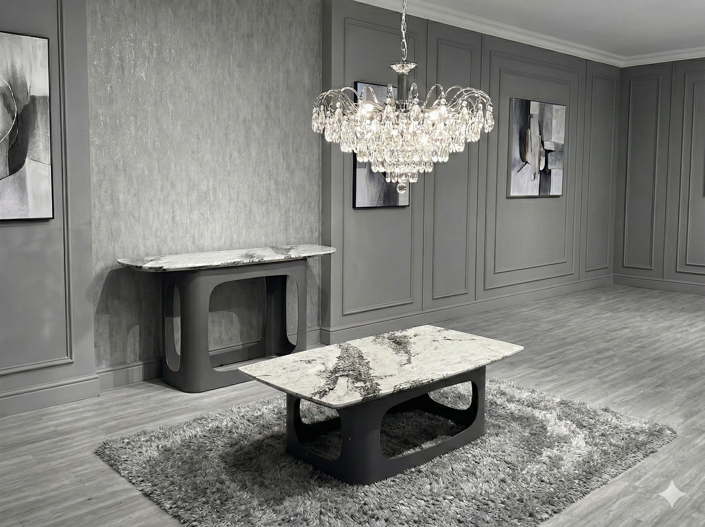 Lina Grey Ceramic Marble-Effect Coffee Table with grey metal double-arch pedestal base - room setting