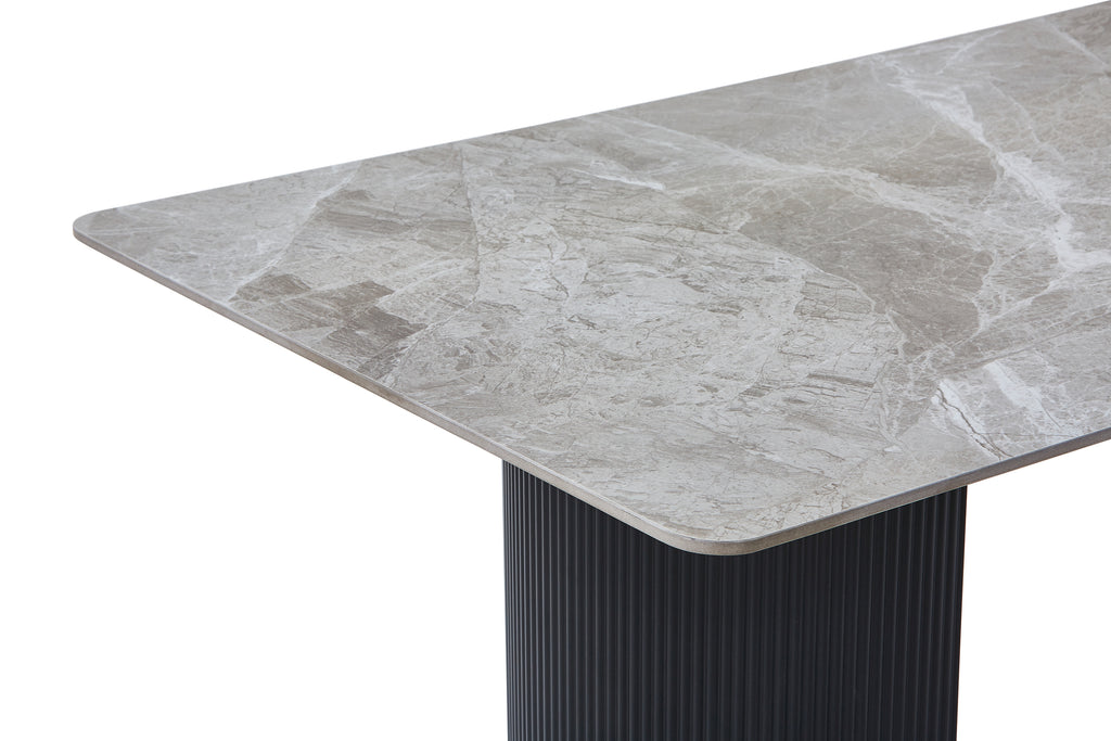 Olympia Grey Ceramic Marble-Effect Coffee Table with black ribbed twin pedestal base - top detail