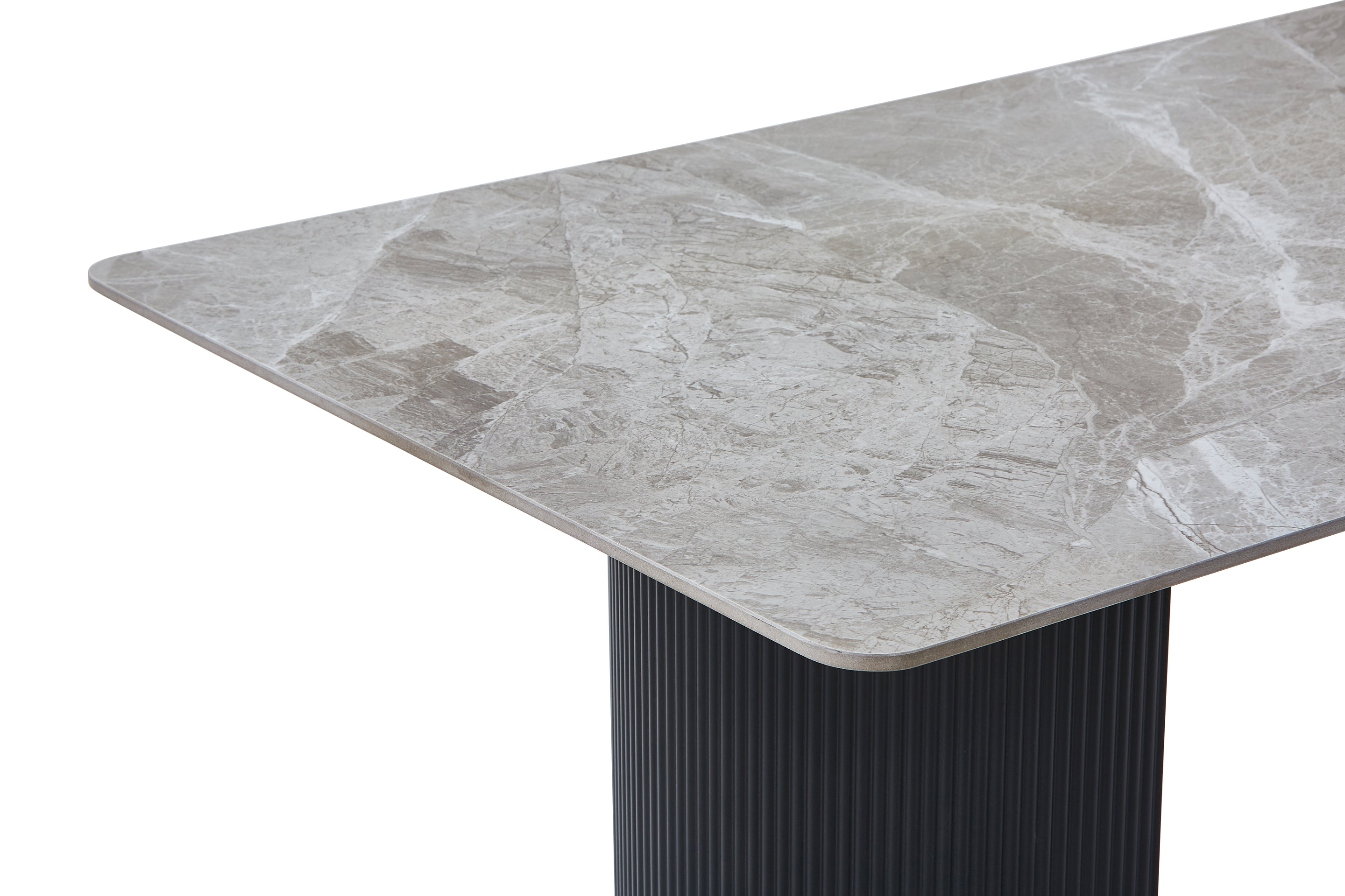 Olympia Grey Ceramic Marble-Effect Coffee Table with black ribbed twin pedestal base - top detail