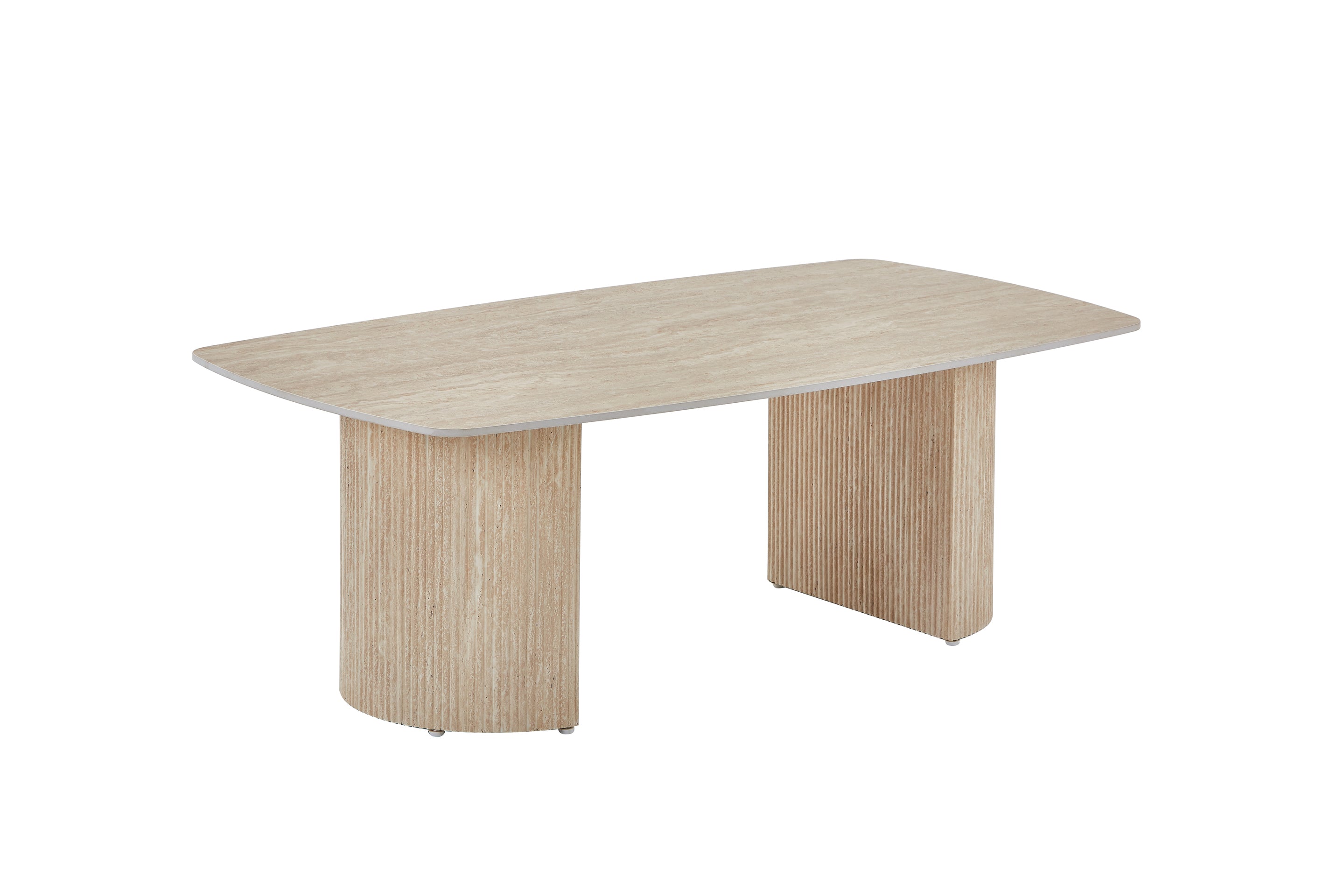 Olympia Beige Ceramic Marble-Effect Coffee Table with matching beige ribbed twin pedestal base - front view
