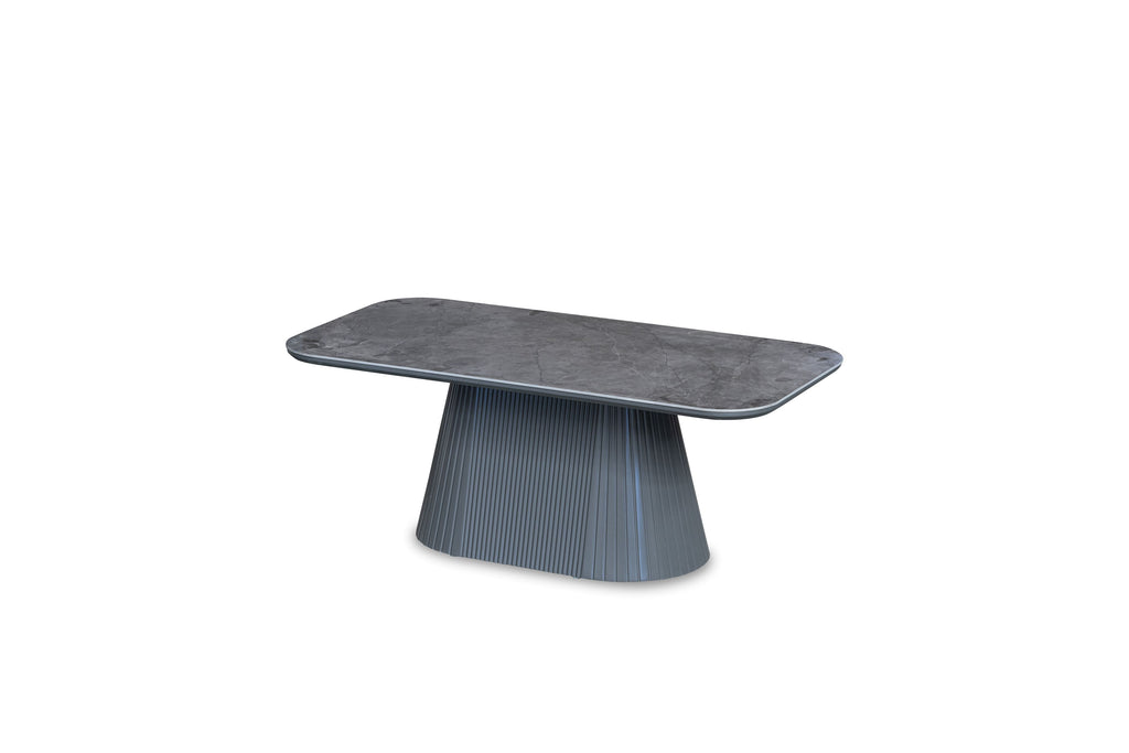 Davos Beige Ceramic Marble-Effect Coffee Table with ribbed beige cone pedestal base - angled view