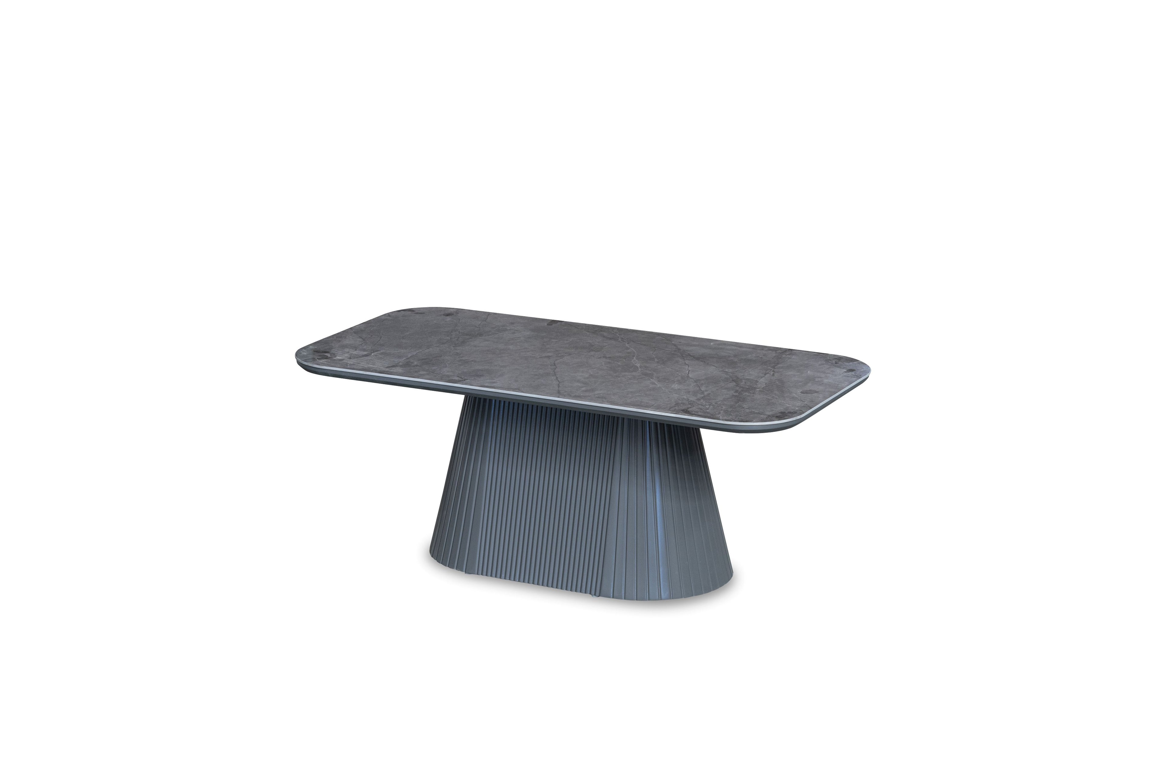 Davos Beige Ceramic Marble-Effect Coffee Table with ribbed beige cone pedestal base - angled view