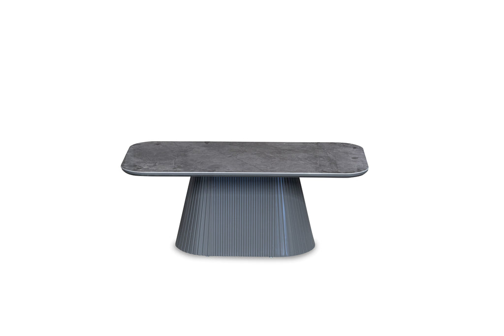 Davos Beige Ceramic Marble-Effect Coffee Table with ribbed beige cone pedestal base - front view