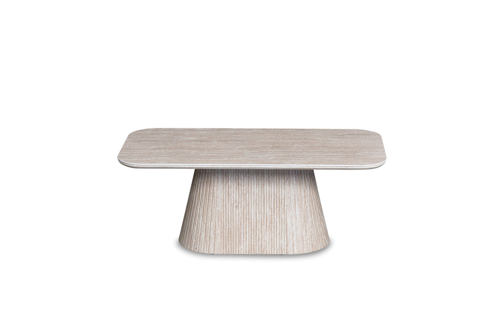Davos Grey Ceramic Marble-Effect Coffee Table with ribbed grey cone pedestal base - angled view