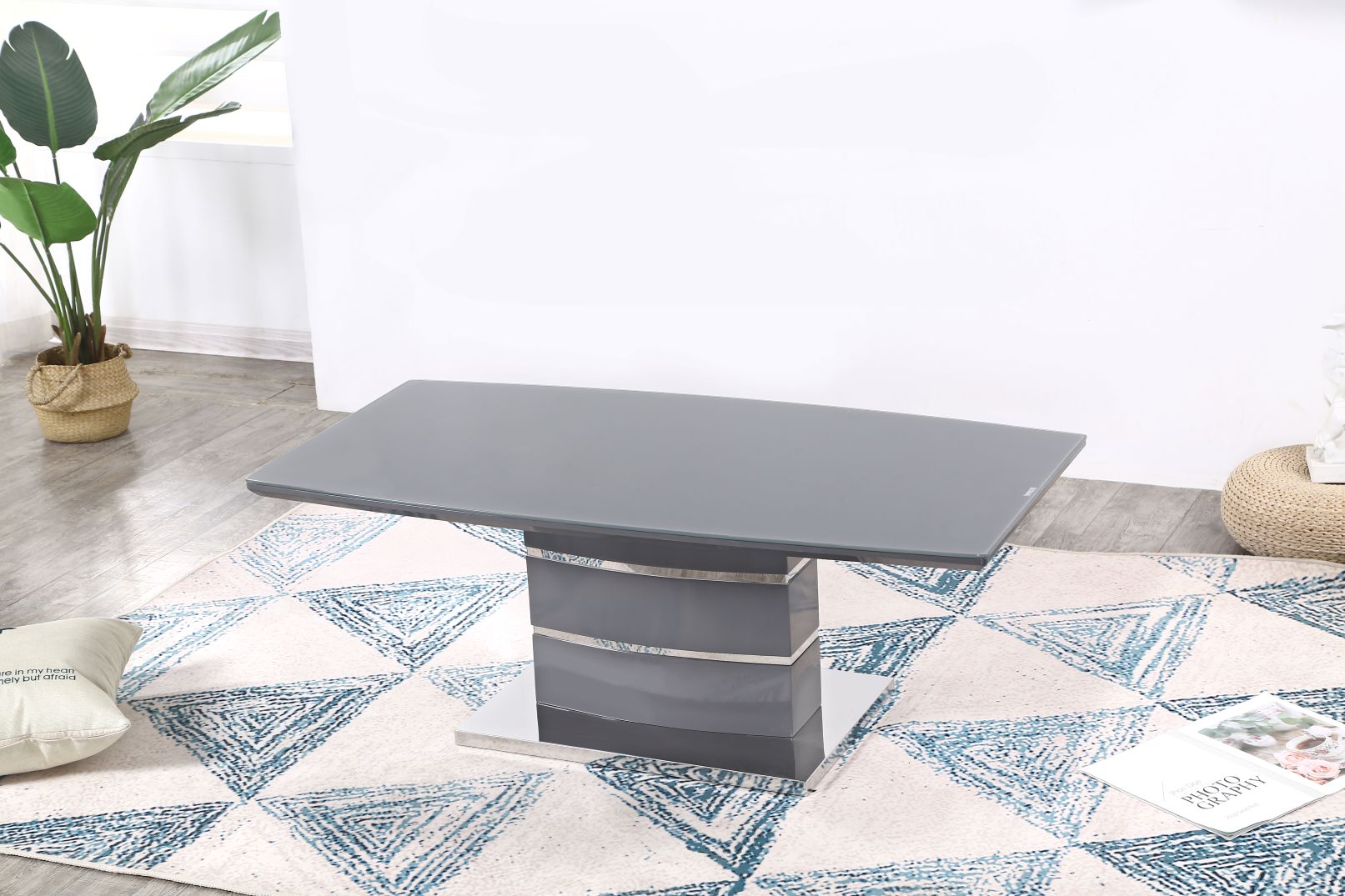 Milan Grey High Gloss Coffee Table with chrome-trimmed layered pedestal base - front view