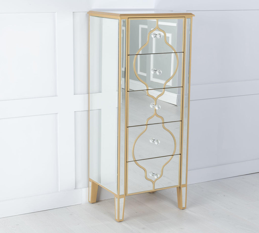 Aurelia Mirrored Gold Trim 5 Drawer Tall Chest