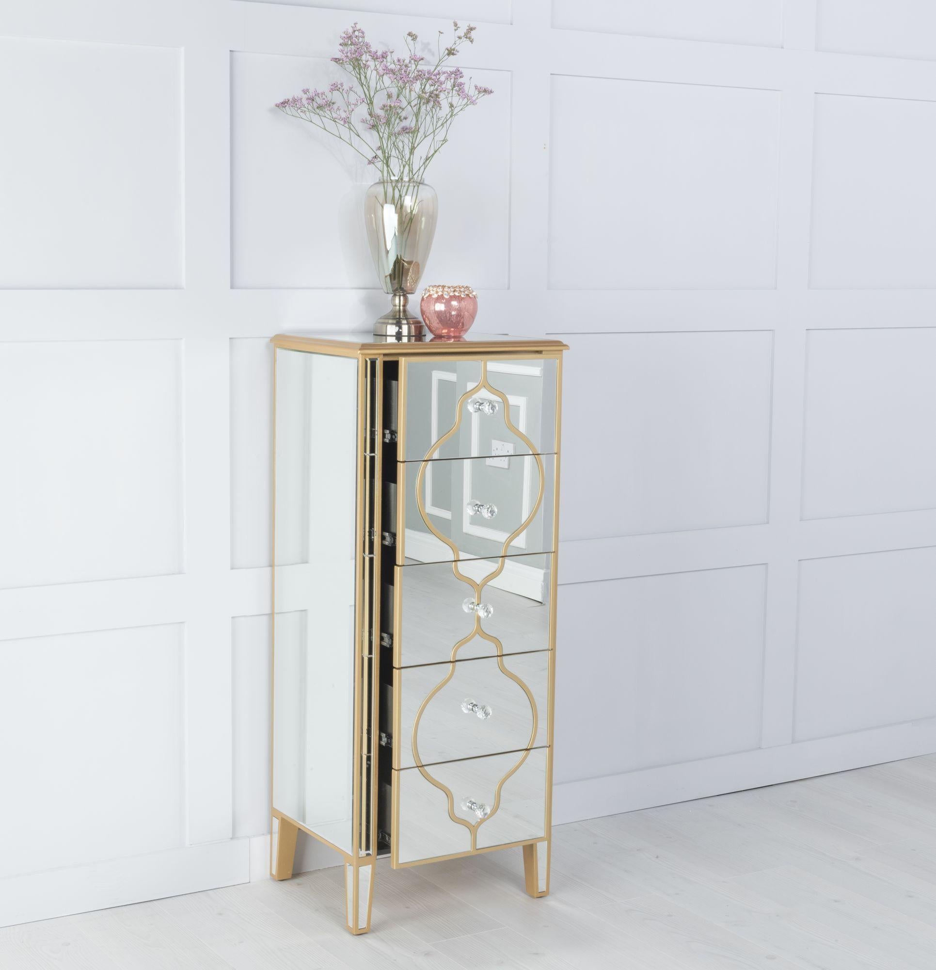 Aurelia Mirrored Gold Trim 5 Drawer Tall Chest