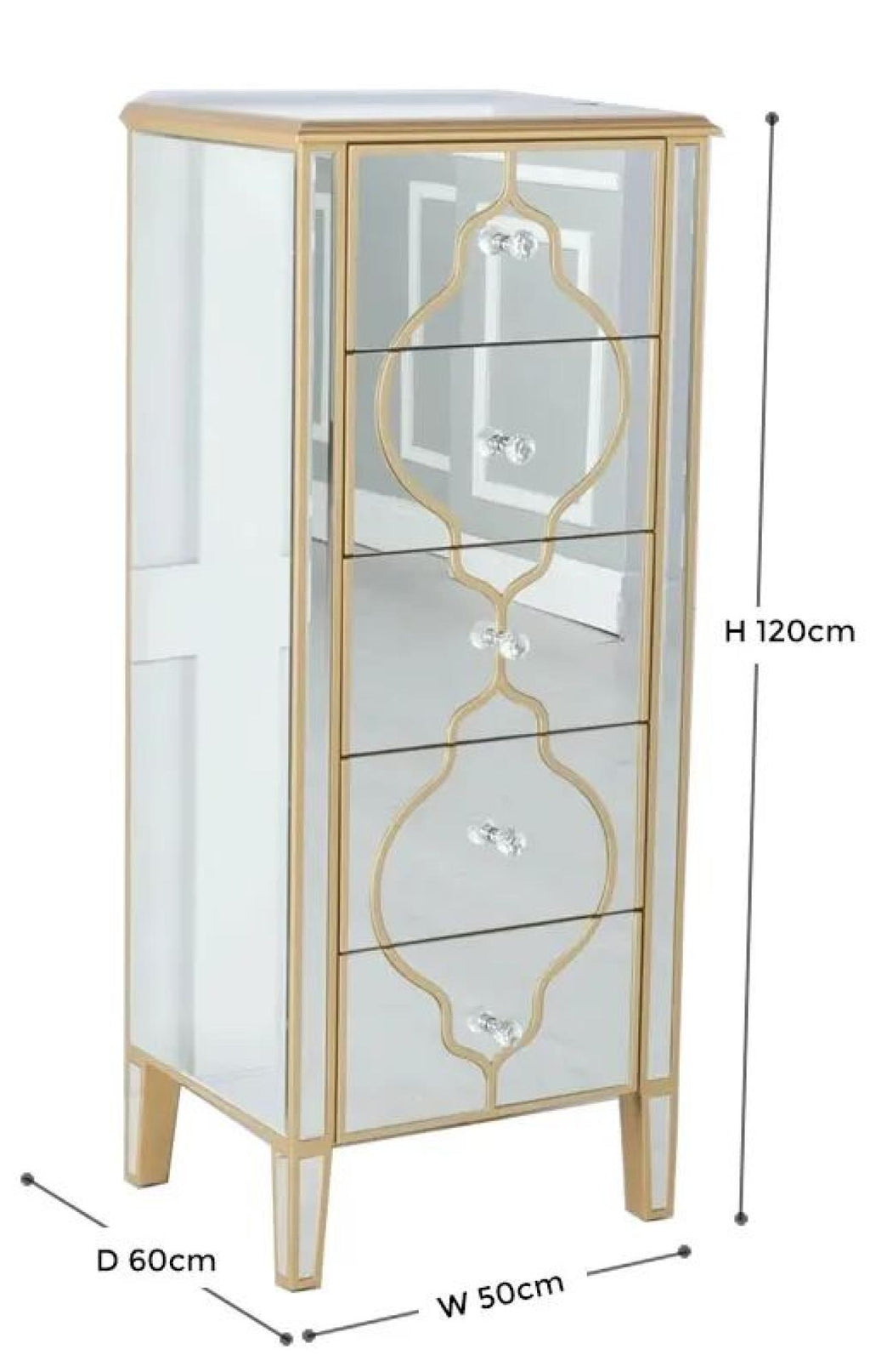 Aurelia Mirrored Gold Trim 5 Drawer Tall Chest