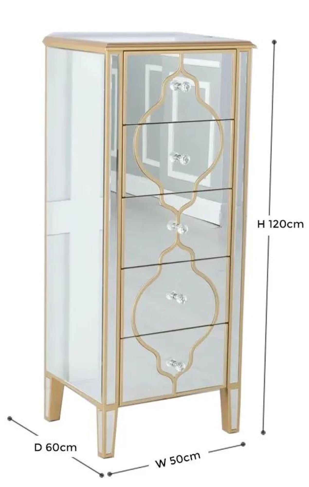 Aurelia Mirrored Gold Trim 5 Drawer Tall Chest