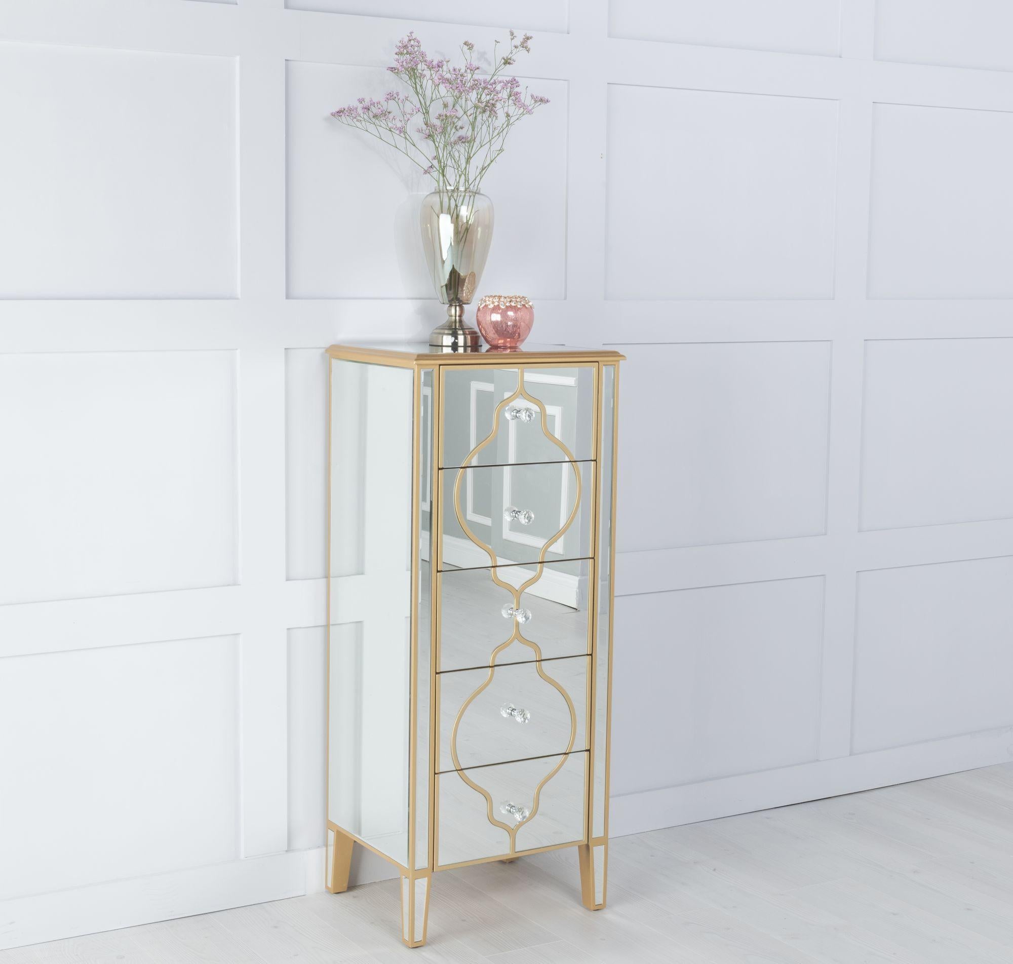 Aurelia Mirrored Gold Trim 5 Drawer Tall Chest