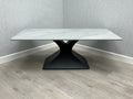 Caroline Grey Ceramic Marble-Effect Coffee Table with black metal X-shaped pedestal base