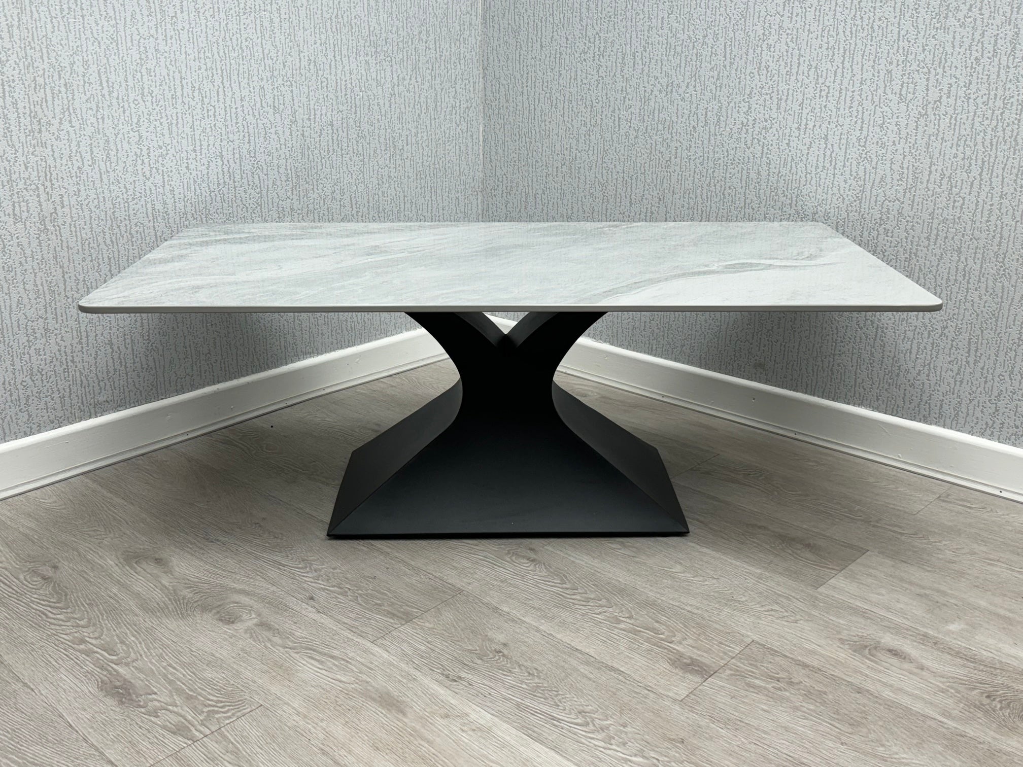 Caroline Grey Ceramic Marble-Effect Coffee Table with black metal X-shaped pedestal base