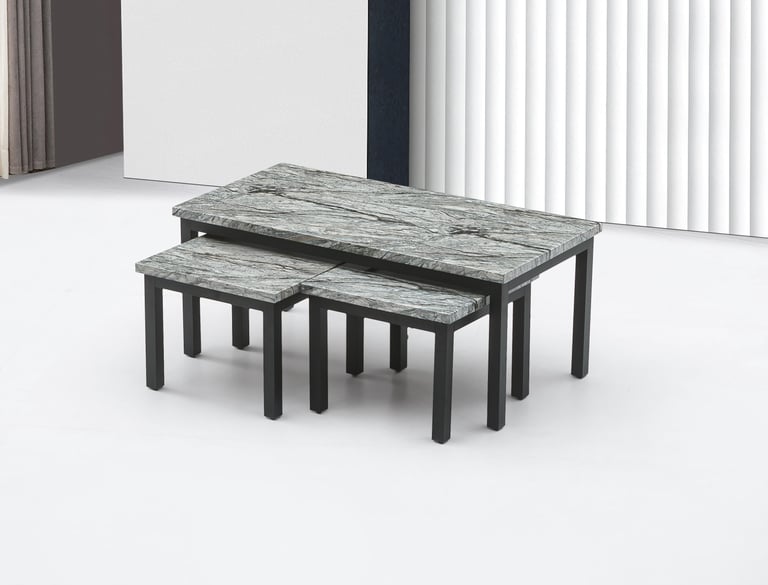 Metro White Grey Sintered Stone Nest of Tables with black metal legs - lifestyle view