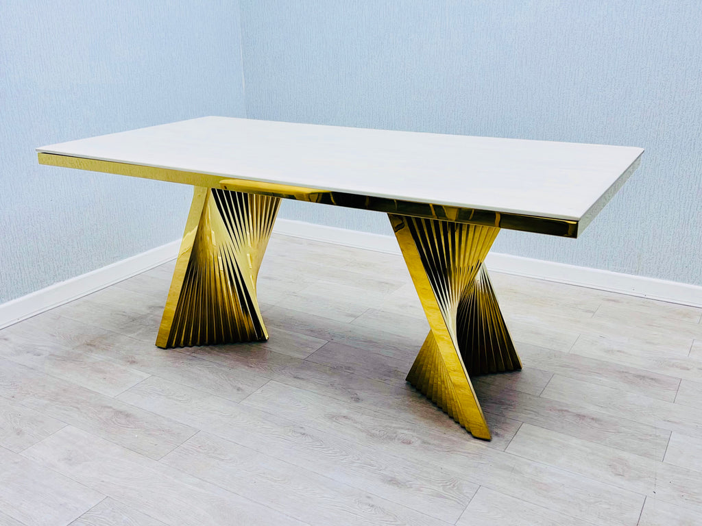 Ravello Cream Ceramic Marble-Effect Coffee Table with gold twisted fan pedestal legs - front view