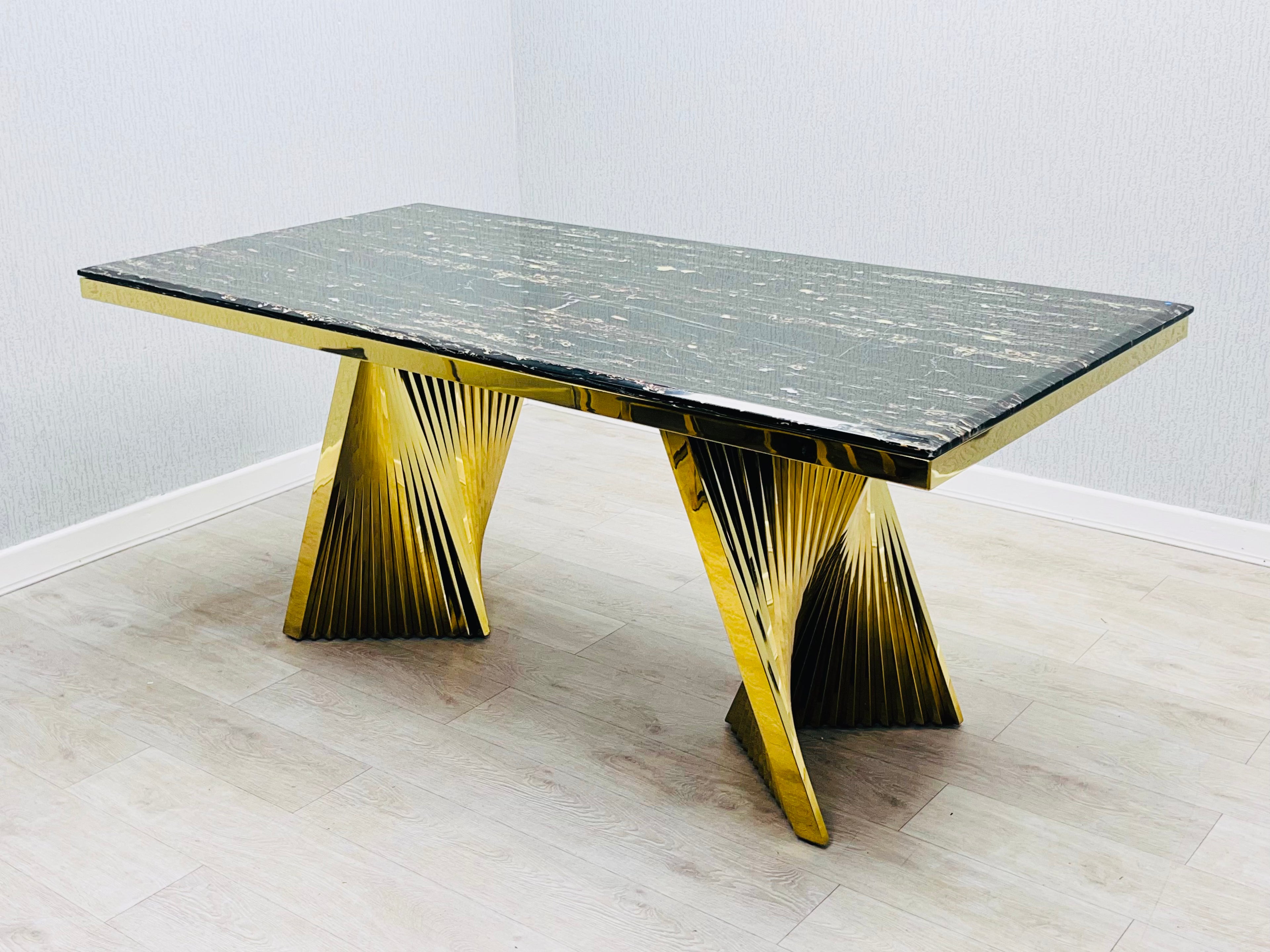Ravello Black Ceramic Marble-Effect Coffee Table with gold twisted fan pedestal legs - front view