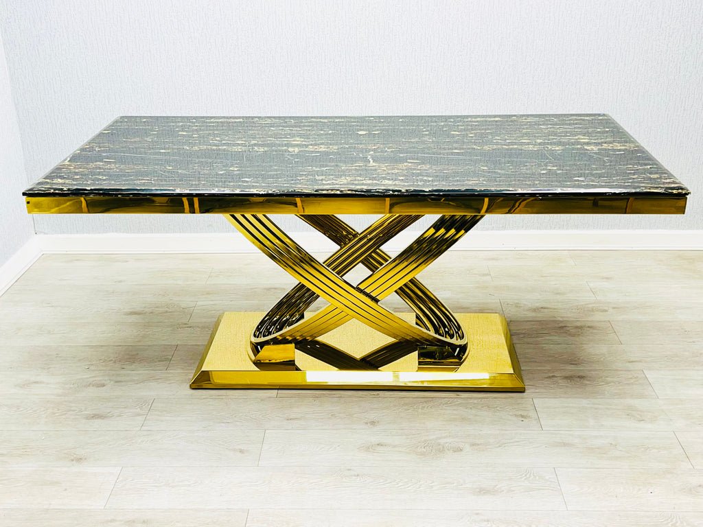 Elina Black Ceramic Marble-Effect Coffee Table with gold X-twist pedestal base - front view
