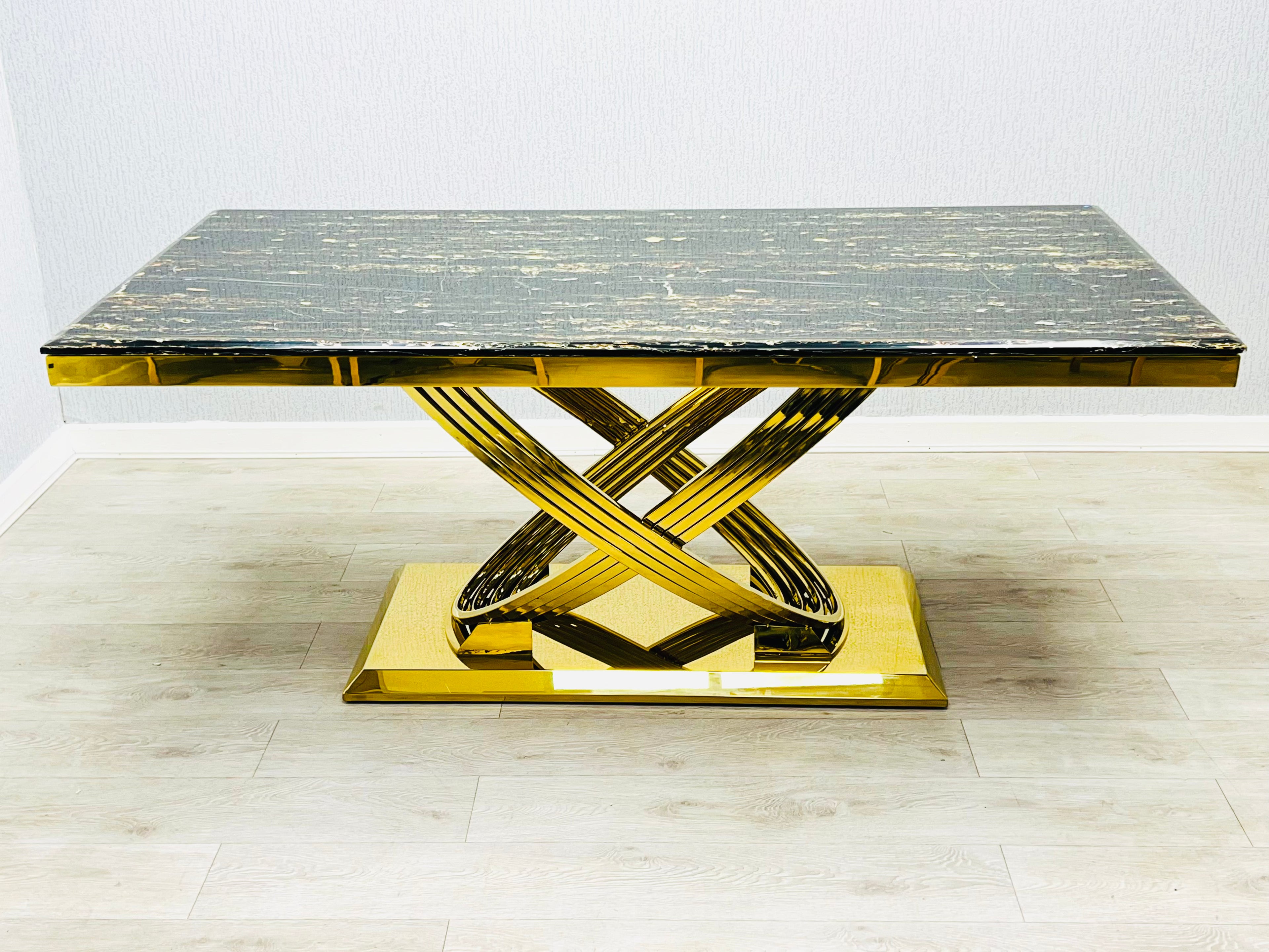 Elina Black Ceramic Marble-Effect Coffee Table with gold X-twist pedestal base - front view