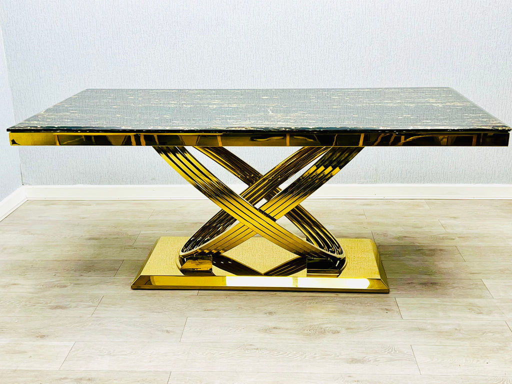 Elina Black Ceramic Marble-Effect Coffee Table with gold X-twist pedestal base - angled view