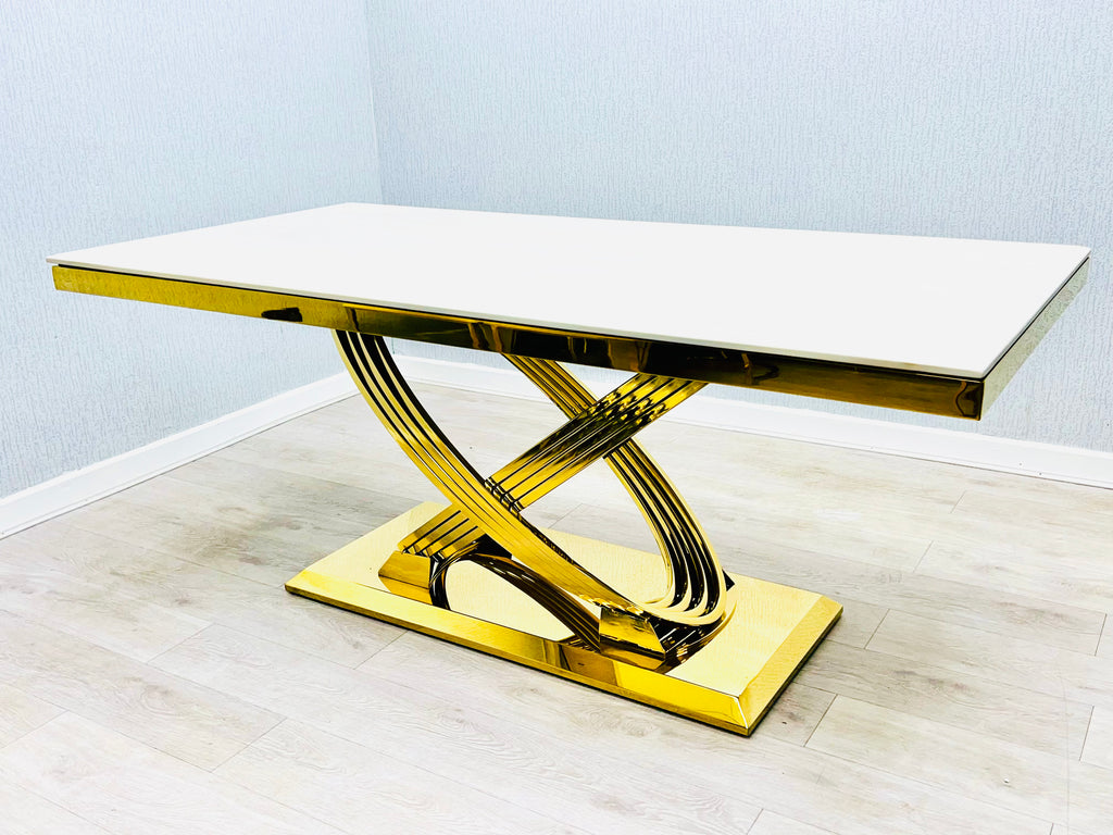 Elina Cream Ceramic Marble-Effect Coffee Table with gold X-twist pedestal base - angled view