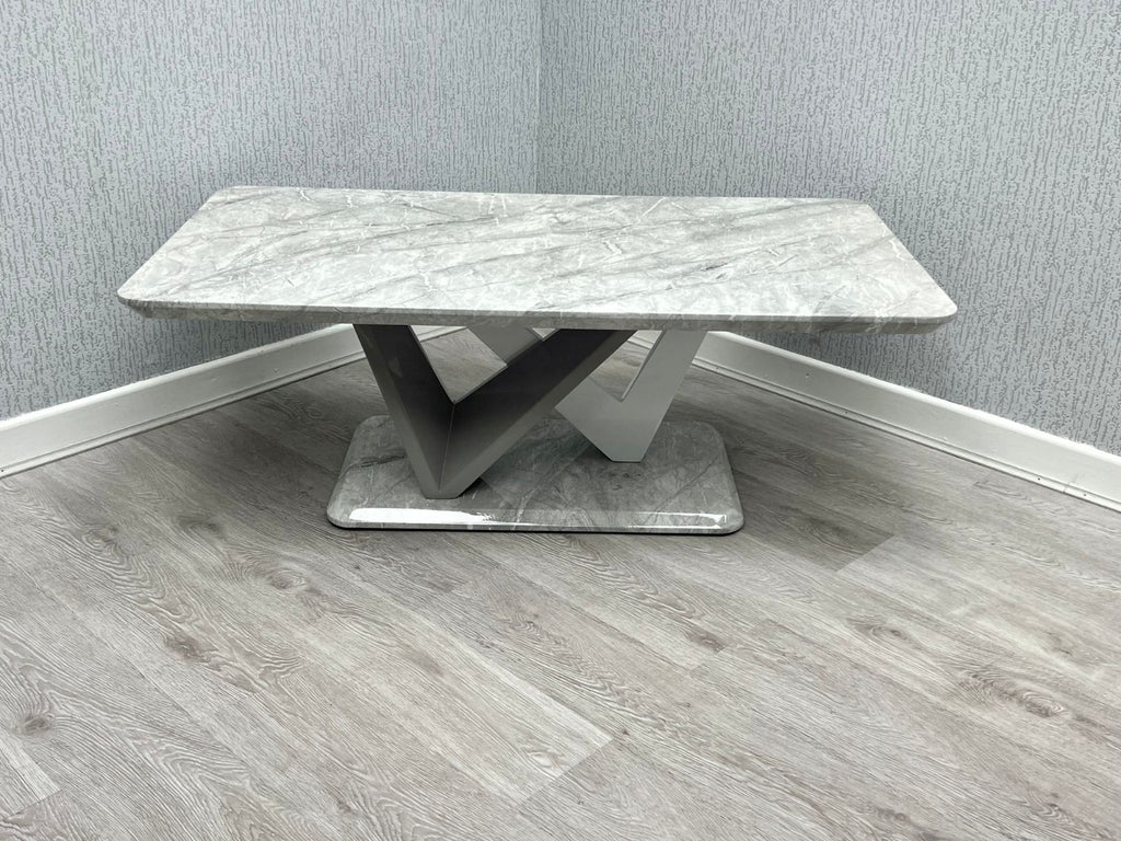 Georgia Grey Marble-Effect Coffee Table with matching X-twist pedestal base - angled view