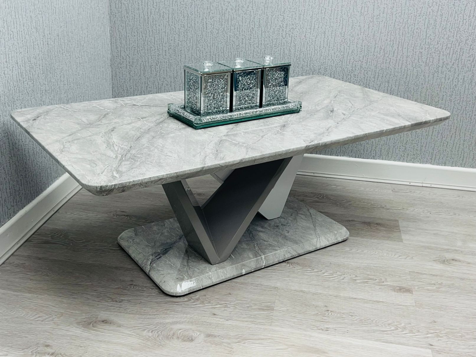 Georgia Grey Marble-Effect Coffee Table - top view with styling