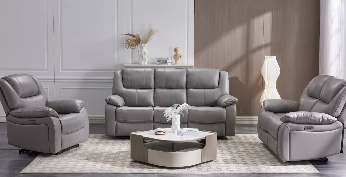 Knole Pisa Grey Leather Power Recliner Sofa