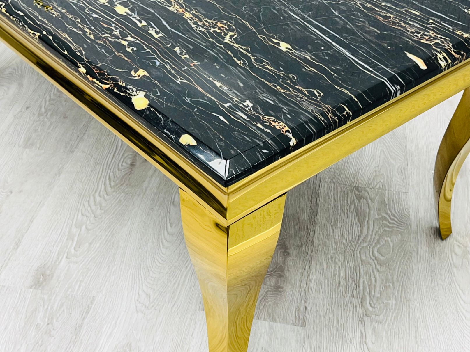 Sofia Black Ceramic Marble-Effect Coffee Table with gold cabriole legs - front view