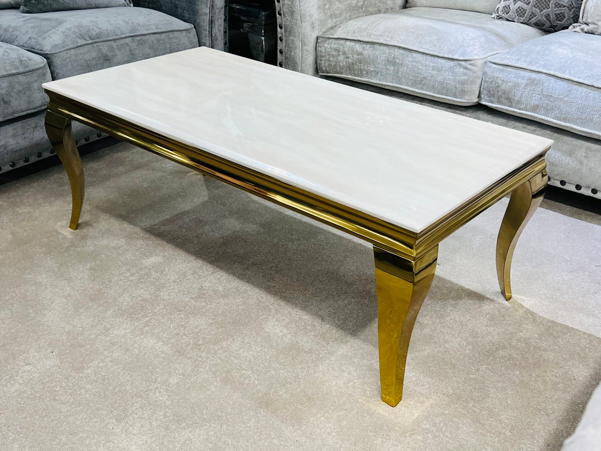 Sofia Cream Ceramic Marble-Effect Coffee Table with gold cabriole legs - front view