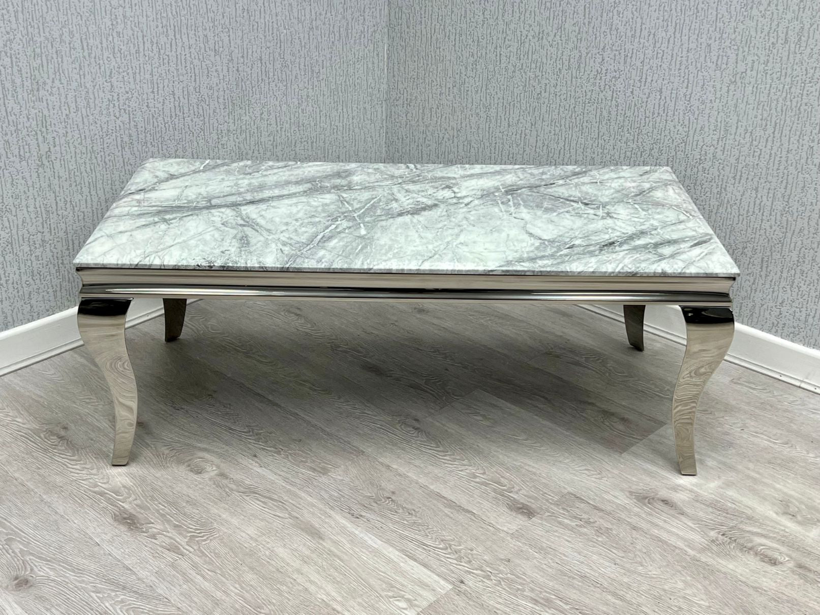 Sofia Grey Ceramic Marble-Effect Coffee Table with chrome cabriole legs - front view